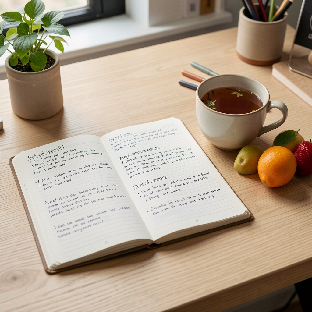 Open food journal with handwritten meal notes and nutritional observations next to a cup of herbal tea and fresh fruit on a light oak desk in a calm, well-lit editorial workspace